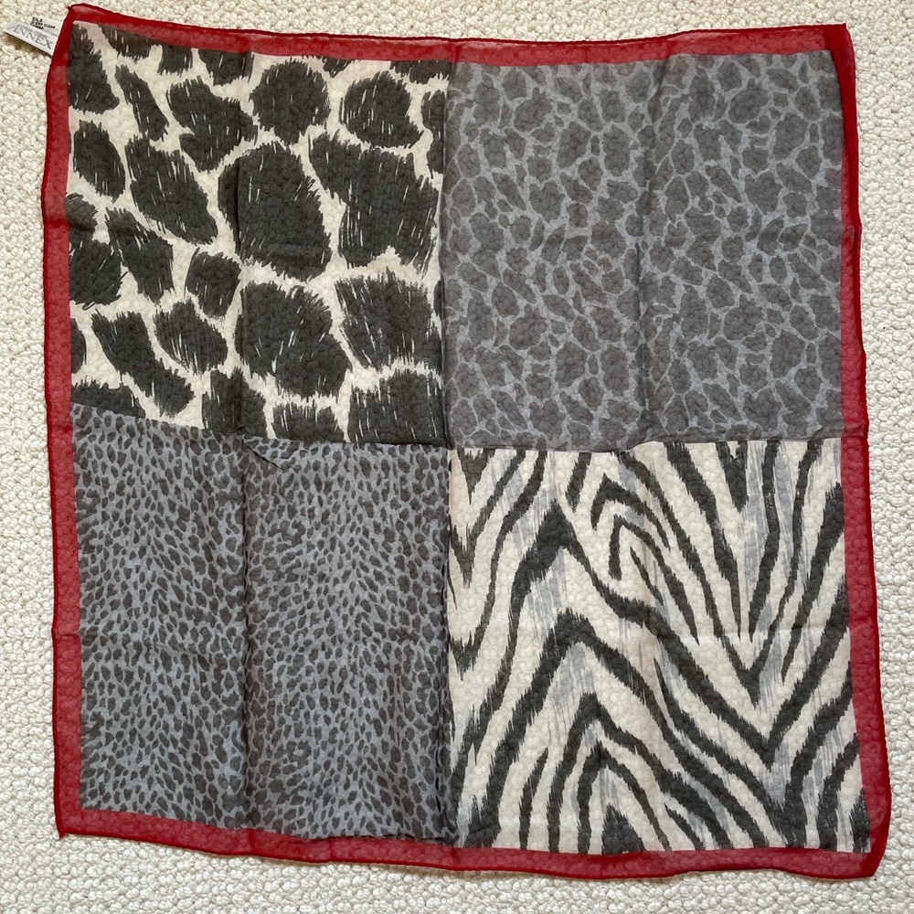 Annex | Sheer Silk Scarf | Patchwork Animal Print w/ Red Border